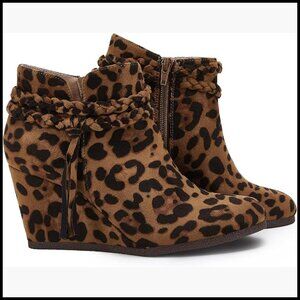 Faux Suede Wedge Ankle Boots with Braided Fringe Strap Western Booties